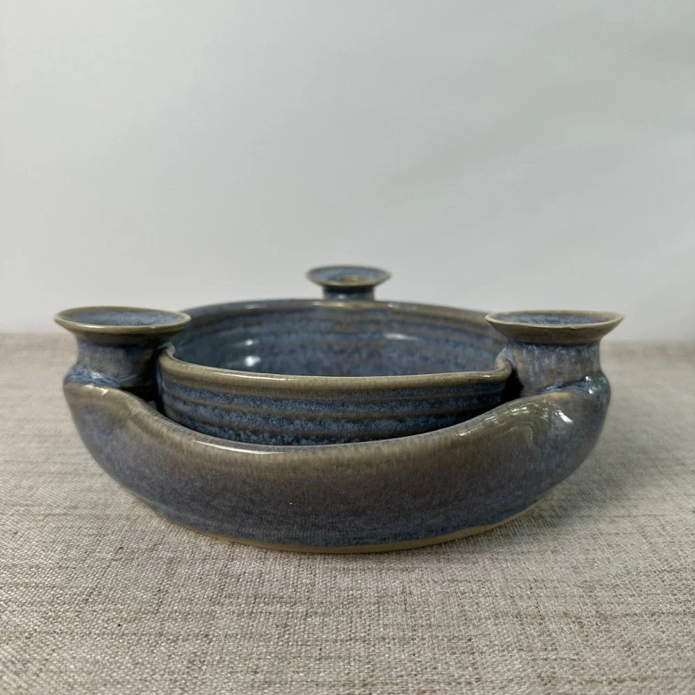 Signed Studio Pottery Triple Candle Holder Blue Gray Glazed Stoneware Pottery